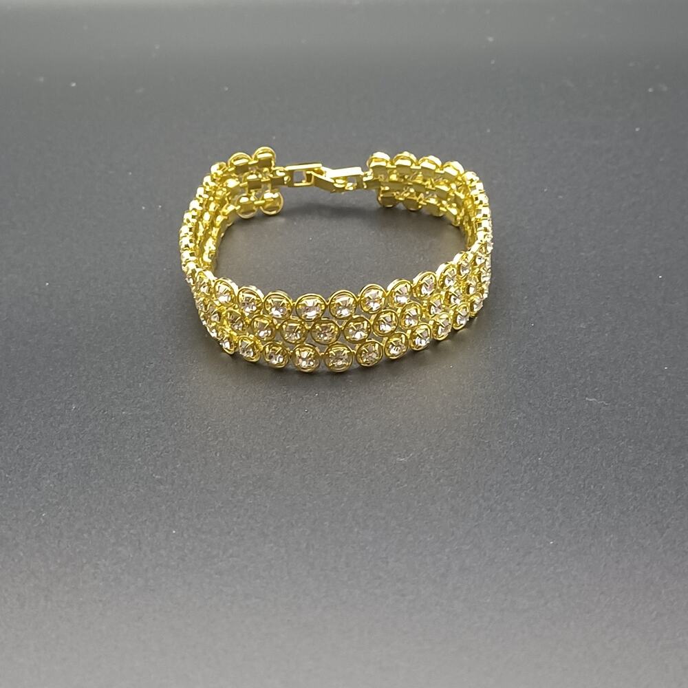 Clear Stone 3-Row Statement Tennis Bracelet Foldover Clasp Gold Tone 7.5"